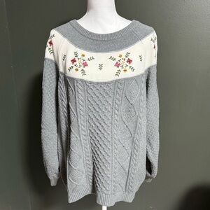 NorthStyle Floral Embroidered Cable Knit Sweater Gray Women’s 1X